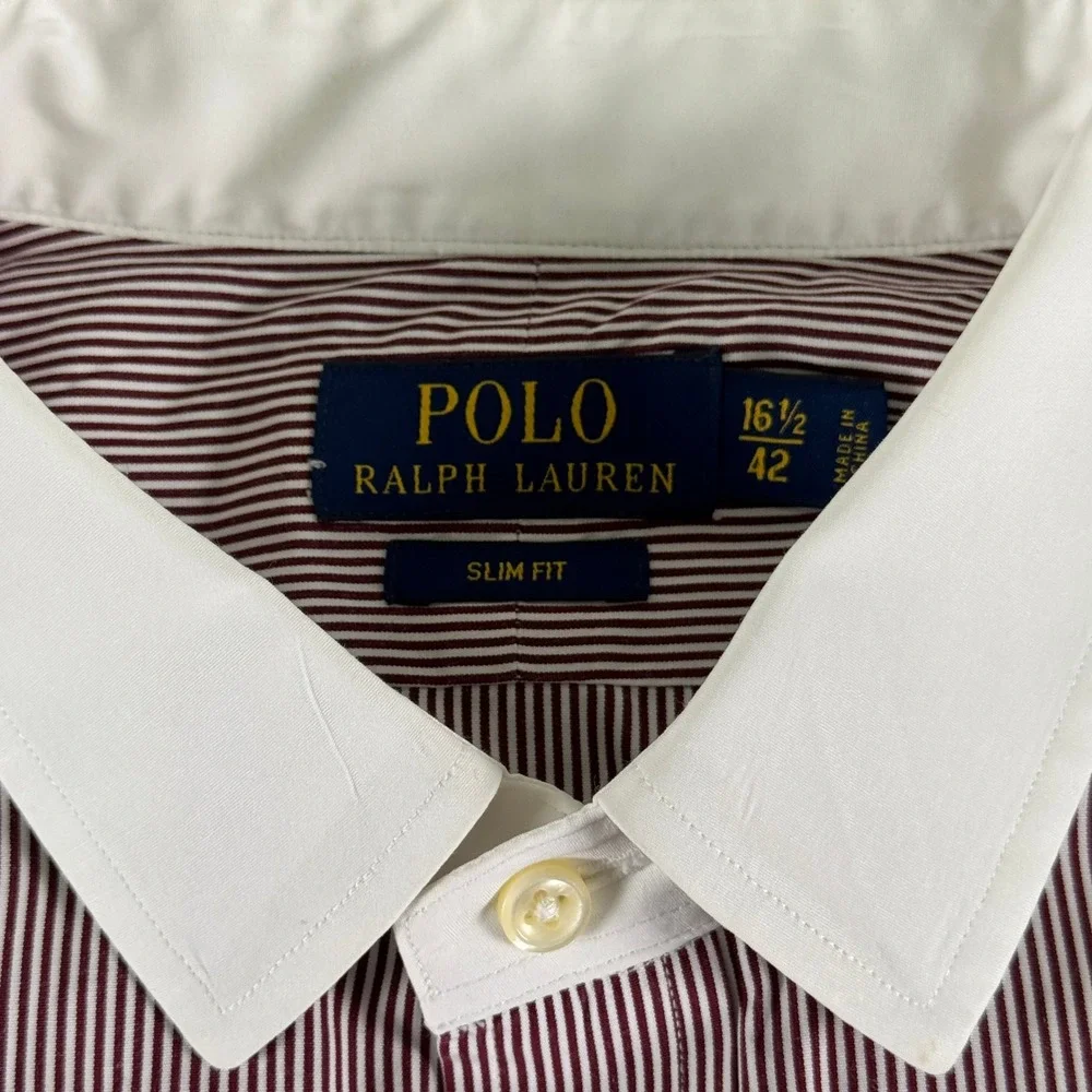 Ralph‎ Lauren Slim Fit Dress Shirt Burgundy White Stripe Contrast Collar 16.5